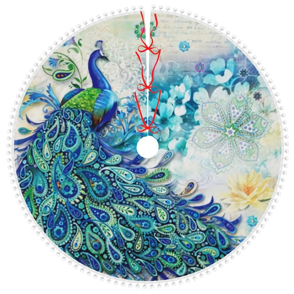 Christmas Tree Skirt Peacocks and Flowers 30 Inch Plush Xmas Tree Skirt Santa Tree Mat Festive Holiday Party Home New Year House Decorations