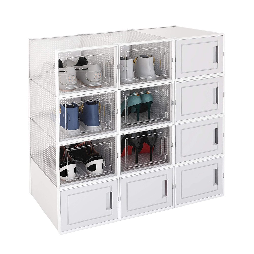 ele ELEOPTION Storage Shoe Box, Foldable 6 Clear and 6 White Sneaker Display Box, Stackable Storage Bins Shoe Container Organizer, 12 Pack - Transparent/White
