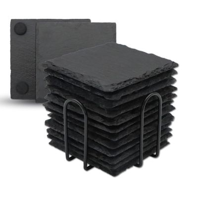 12 Pack Slate Drink Coasters with Metal Holder, VIBRATITE 4 Inch Black Slate Stone Coasters Bulk Laser Engraving Blanks with Anti-Scratch Bottom for Drink Coffee Bar Kitchen Home Decor, Square