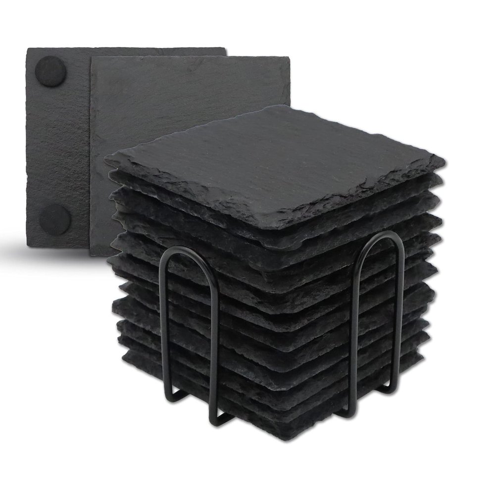 12 Pack Slate Drink Coasters with Metal Holder, VIBRATITE 4 Inch Black Slate Stone Coasters Bulk Laser Engraving Blanks with Anti-Scratch Bottom for Drink Coffee Bar Kitchen Home Decor, Square