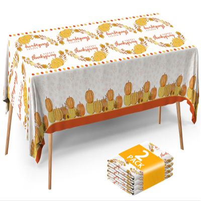 ATFUNSHOP Thanksgiving Tablecloth 2 Pack 54" X 108" Disposable Fall Table Cover Party Supplies Pumpkins Autumn Leaves Water Proof Plastic Table Cloth for Thanksgiving Decoration Dinner Party