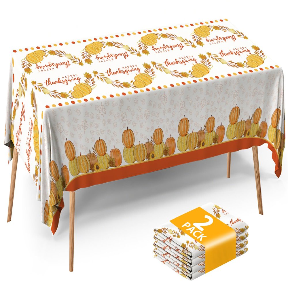 ATFUNSHOP Thanksgiving Tablecloth 2 Pack 54" X 108" Disposable Fall Table Cover Party Supplies Pumpkins Autumn Leaves Water Proof Plastic Table Cloth for Thanksgiving Decoration Dinner Party