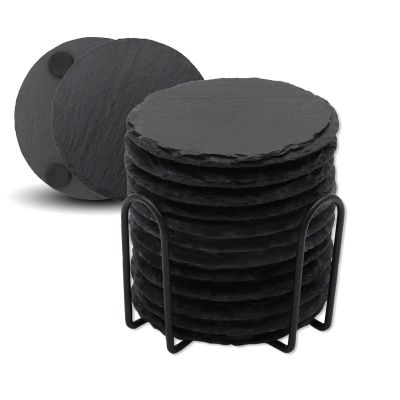 12 Pack Slate Drink Coasters with Metal Holder, VIBRATITE 4 Inch Black Slate Stone Coasters Bulk Laser Engraving Blanks with Anti-Scratch Bottom for Drink Coffee Bar Kitchen Home Decor, Round