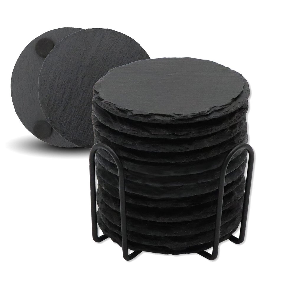 12 Pack Slate Drink Coasters with Metal Holder, VIBRATITE 4 Inch Black Slate Stone Coasters Bulk Laser Engraving Blanks with Anti-Scratch Bottom for Drink Coffee Bar Kitchen Home Decor, Round