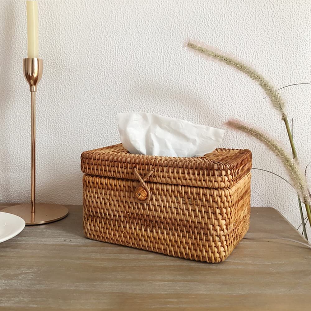 5 Inch Tall Rattan Tissue Box Cover Rectangular with Hinged Top Lid and Bead, Boho Woven Facial Napkin Holder, Decorative Napkin Dispenser Holder Organizer for Dresser Bathroom Dcor, Brown