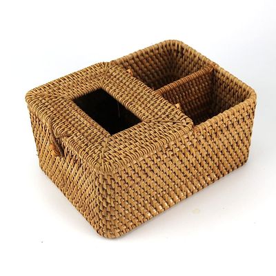 amololo Creative Handmade Square Rattan Tissue Box, Decorative Napkin Holder with 2 Compartments and Lid, Facial Tissue Box Holder Cover for Pen Pencil, Remote Control, Smart Phone, Brown, 8.7 Inch