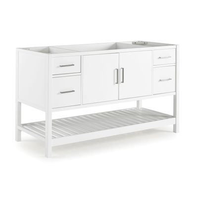 Harrison 60 in. W Vanity Cabinet Only, Modern Solid Pine Wood Construction, Nickel Hardware, Soft-Close Drawers, Adjustable Height Levelers, White