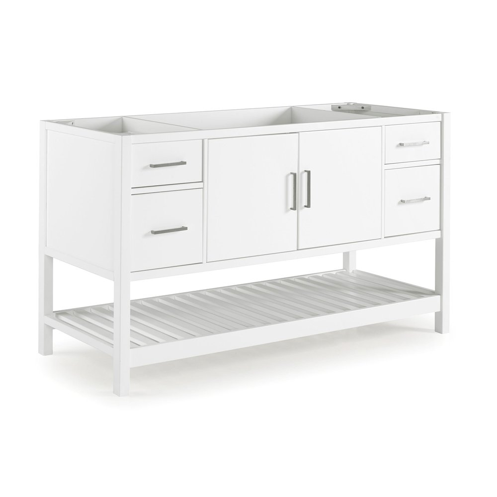 Harrison 60 in. W Vanity Cabinet Only, Modern Solid Pine Wood Construction, Nickel Hardware, Soft-Close Drawers, Adjustable Height Levelers, White