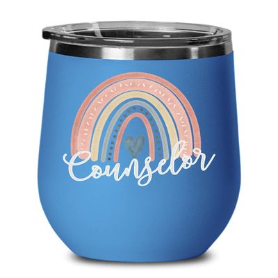 Counselor Boho Rainbow Wine Tumbler Cute Scandinavian Art Appreciation Week Thank You Idea Colorful 12oz Hot Cold Cup Coffee Tea Mug for Men or Women