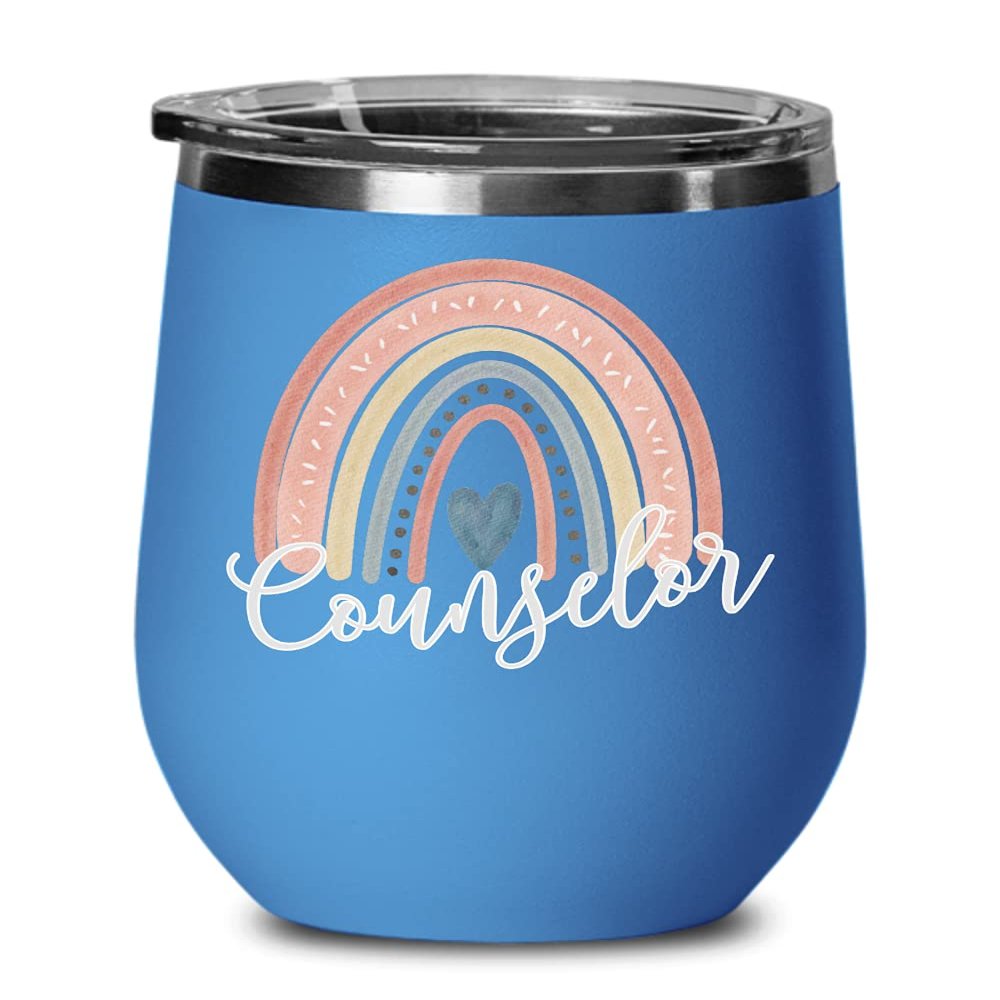 Counselor Boho Rainbow Wine Tumbler Cute Scandinavian Art Appreciation Week Thank You Idea Colorful 12oz Hot Cold Cup Coffee Tea Mug for Men or Women
