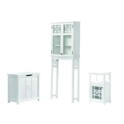 Alaterre Derby 4-Piece Bathroom Storage Set - White, Includes Over Toilet Shelf, Wall-Mounted Cabinet with Glass Doors, Clothes Hamper, and Floor Cabinet, Ideal for Organizing and Decorating