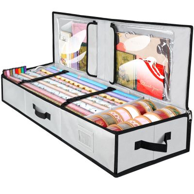 BALEINE Wrapping Paper Storage Organizer, 40" Durable 600D Oxford Fabric Gift Wrap Storage Bag with Flexible Partitions for Ribbon, Holiday Accessories (Gray)