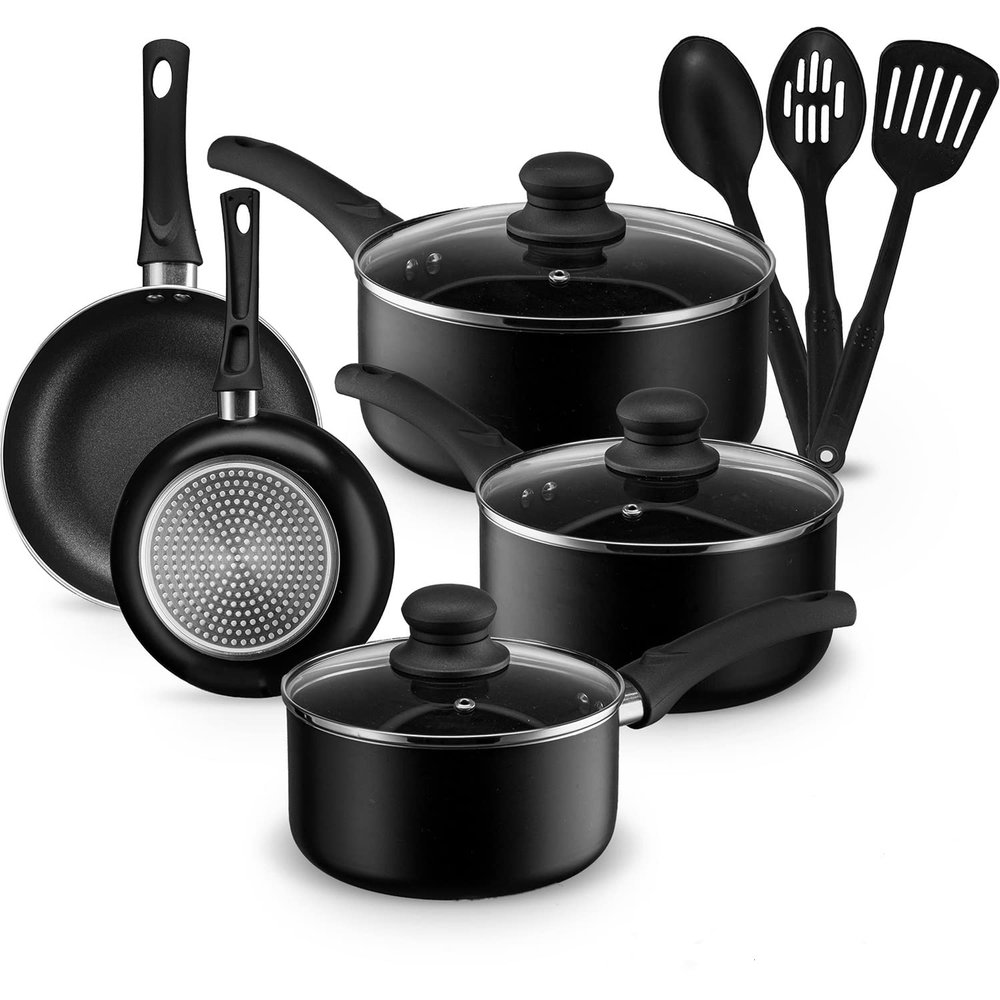 AHEIM Pots and Pans Set, Aluminum Nonstick Cookware Set, Fry Pans, Casserole with Lid, Sauce Pan, and Utensils, 11 Piece Cooking Set (Black)