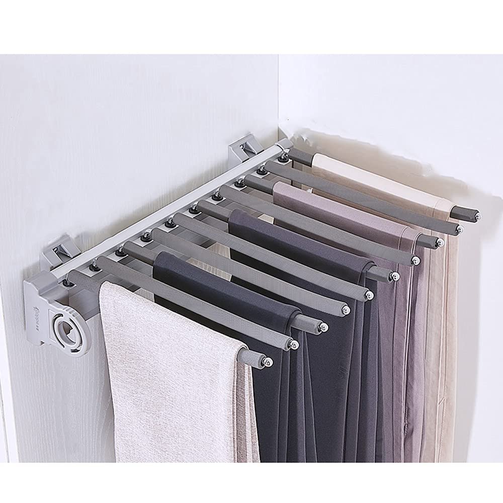 LKP Pull-Out Pants Rack, Extendable Hanging Rail Rack, Multifunctional Storage Rack for 10 Pants, Tie Scarf Pants Hanger, Sliding Closet Organizer