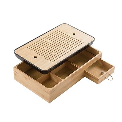 Bamboo Tea Tray, Water Storage And Drainage Tea Tray, 5-compartment Wooden Storage Box, Chinese Kung Fu Coffee Table Gift Box (Color : Black)