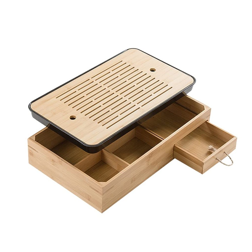 Bamboo Tea Tray, Water Storage And Drainage Tea Tray, 5-compartment Wooden Storage Box, Chinese Kung Fu Coffee Table Gift Box (Color : Black)