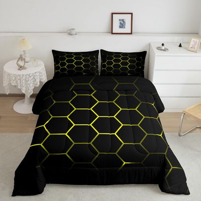 Feelyou Yellow Black Print Comforter Set Hexagonal Bedding Set Kids Boys Teens Honeycomb Decor Comforter Beehive Simplistic Geometric Monochrome Quilt Collection 3Pcs Queen Size Boys