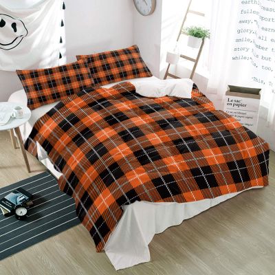 3 Pieces Bedding Set Fall Thanksgiving Day Orange Black Buffalo Plaid,Ultra Soft Queen Quilt Covers pillow shams for Bedroom Classic Tartan Grid,Halloween Duvet Cover Sets All Seasons Use Home Decor