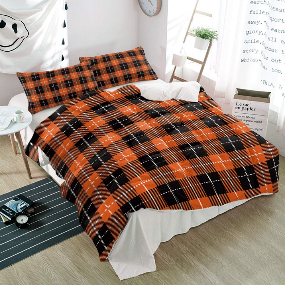 3 Pieces Bedding Set Fall Thanksgiving Day Orange Black Buffalo Plaid,Ultra Soft Queen Quilt Covers pillow shams for Bedroom Classic Tartan Grid,Halloween Duvet Cover Sets All Seasons Use Home Decor