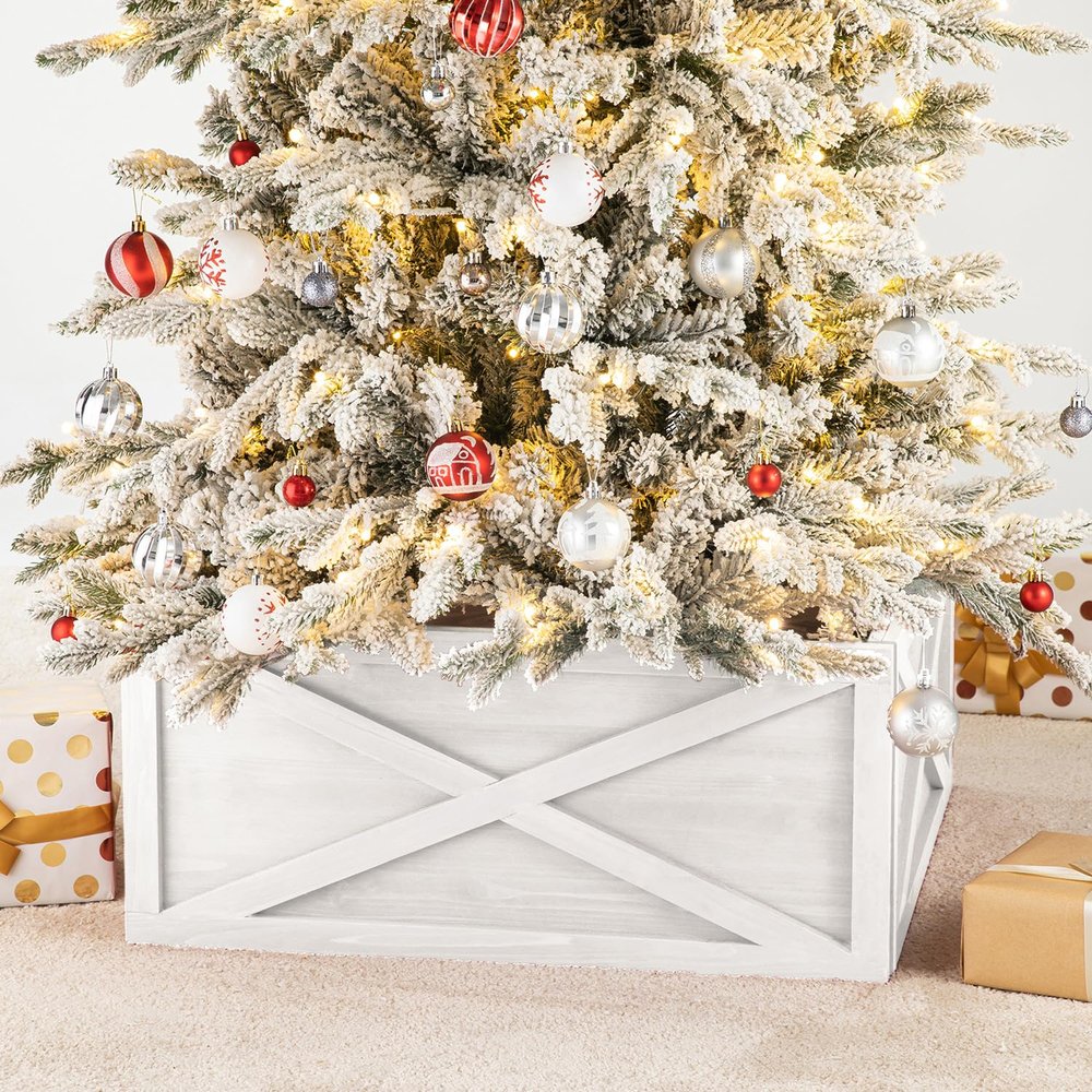 Glitzhome Christmas Tree Collar, 32" L Washed White Wooden Tree Collar Tree Stand Cover Christmas Tree Collars for Artificial Trees