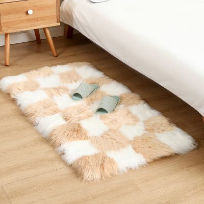 CKLZSAY Fluffy Faux Fur Brown and White Checkered RugSmall Area Rug,2x4 Ft Ultra Soft Shaggy Plush Rug for Bedroom Living Room Bedside Nursery Kids Room