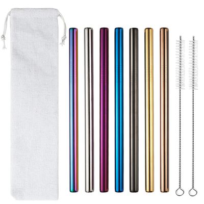 7 Pcs 8.5" Reusable Boba Drinking Straws 304 Stainless Steel Straws Set with 2 Cleaning Brushes Wide Metal Straw for Bubble Tea Milkshakes Smoothie Bar Accessory (Mixed Color)