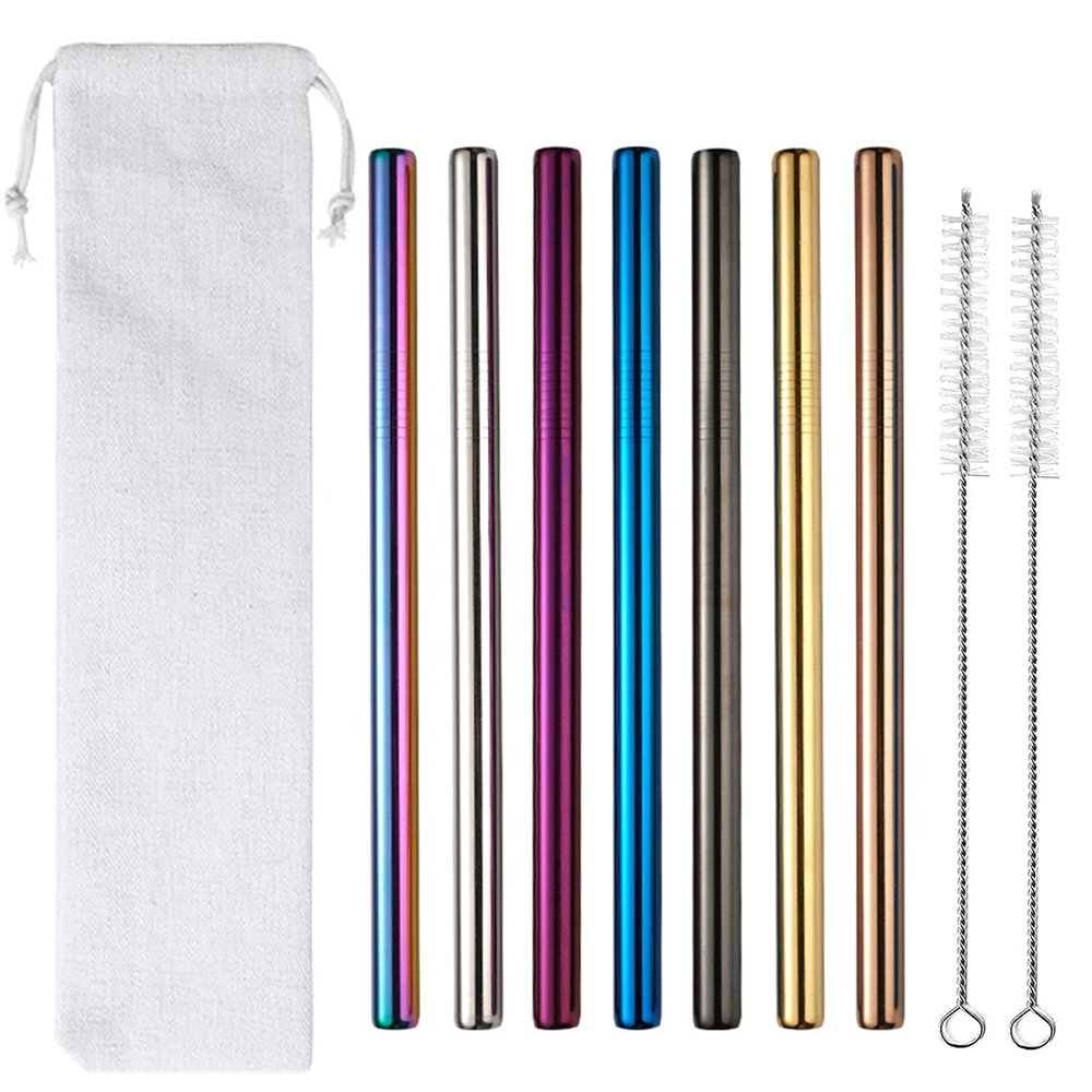7 Pcs 8.5" Reusable Boba Drinking Straws 304 Stainless Steel Straws Set with 2 Cleaning Brushes Wide Metal Straw for Bubble Tea Milkshakes Smoothie Bar Accessory (Mixed Color)