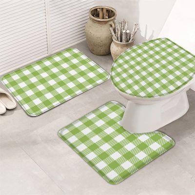 3 Pieces Bathroom Rugs and Mats Sets Green Buffalo Plaid Gingham,Non Slip Water Absorbent Bath Rug,Toilet Seat/Lid Cover,U-Shaped Toilet Mat,Home Decor Doormats Pastoral Farm Style