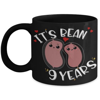 9th Anniversary Mug for Husband Wife Funny Vegan Vegetarian Food Pun Its Bean 9 Years Ninth Yr Married Pottery Cute Keepsake for Couple 11 or 15Oz Bla