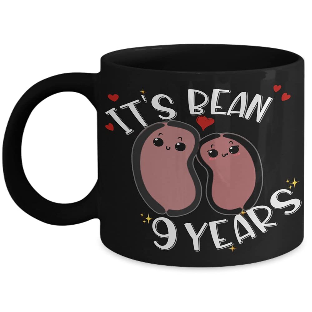 9th Anniversary Mug for Husband Wife Funny Vegan Vegetarian Food Pun Its Bean 9 Years Ninth Yr Married Pottery Cute Keepsake for Couple 11 or 15Oz Bla