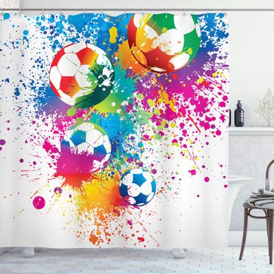 Ambesonne Soccer Shower Curtain, Colored Splashes All Over Soccer Balls Score World Cup Championship Athletic, Cloth Fabric Bathroom Decor Set with Hooks, 69" W x 84" L, Off White Multicolor