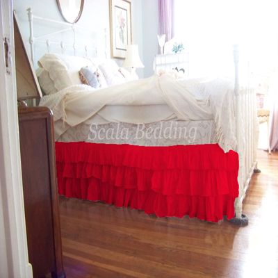 1 Piece Solid 15" Drop Split Corner Multi Ruffle Bed Skirt 600TC Egyptian Cotton (Red, Queen)