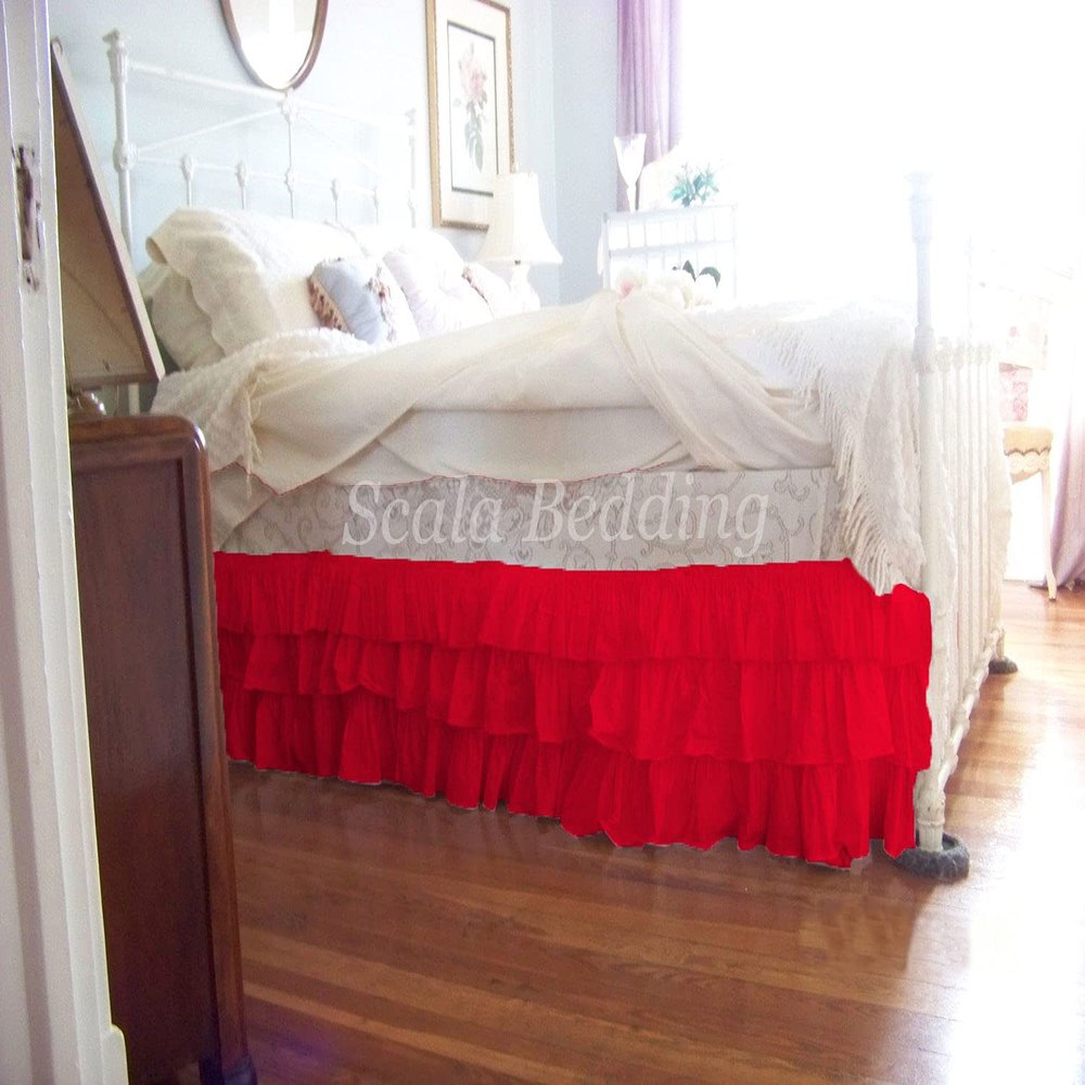 1 Piece Solid 15" Drop Split Corner Multi Ruffle Bed Skirt 600TC Egyptian Cotton (Red, Queen)