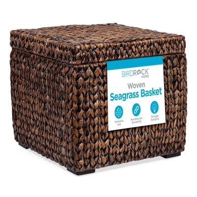 BIRDROCK HOME Storage Cube Box with Lid - Brown Wash Seagrass - Hand Woven Container for Blankets Pillows - Sturdy Metal Frame