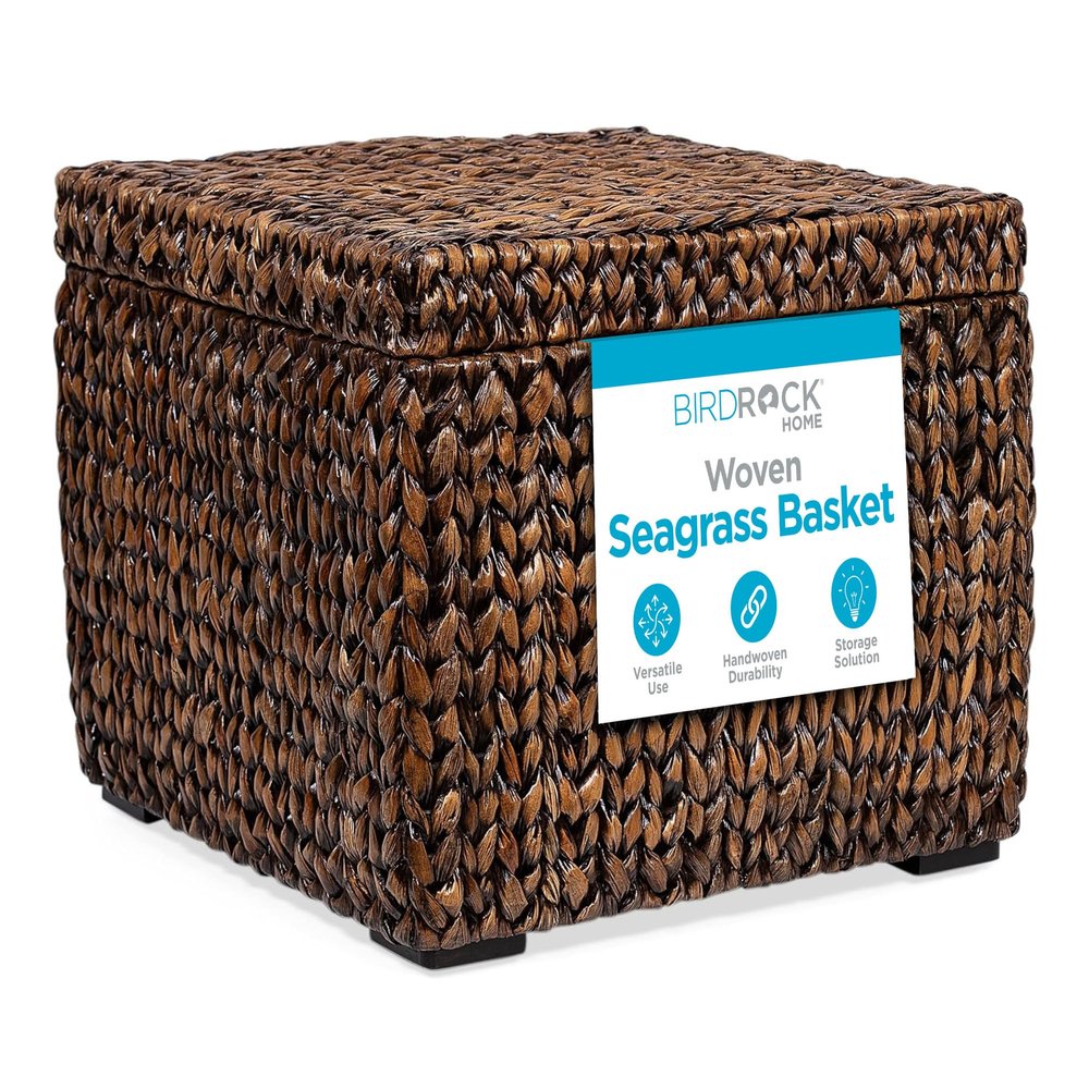 BIRDROCK HOME Storage Cube Box with Lid - Brown Wash Seagrass - Hand Woven Container for Blankets Pillows - Sturdy Metal Frame