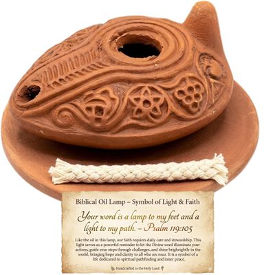 Authentic Clay Oil Lamp with Plate & Biblical Card Handmade Biblical Style Earthenware Lamp with Wick Christian Prayer, Anointing & Faith Gift Holy Land Inspired Dcor by Holy Land Market