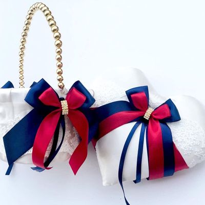 Flower Girl Basket and Ring Bearer Pillow Set in Marsala Red and Navy Blue Color, Pearl Handle Basket, Navy Wedding Basket Heart Ring Pillow (3 Baskets)