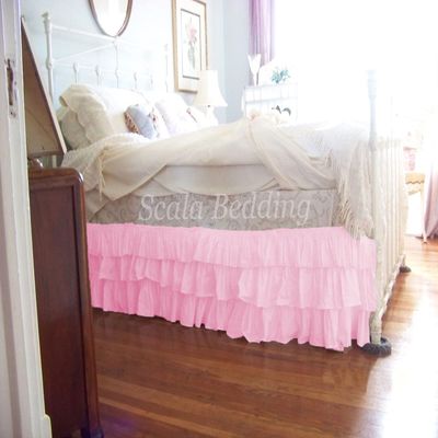 1 Piece Solid 15" Drop Split Corner Multi Ruffle Bed Skirt 600TC Egyptian Cotton (Pink, Twin XL)