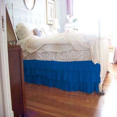 1 Piece Solid 15" Drop Split Corner Multi Ruffle Bed Skirt 600TC Egyptian Cotton (Blue, Queen)