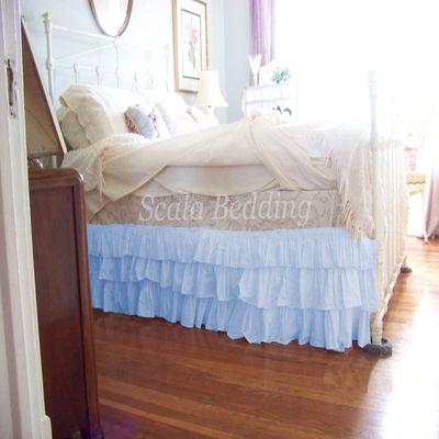1 Piece Solid 15" Drop Split Corner Multi Ruffle Bed Skirt 600TC Egyptian Cotton (Baby Blue, Twin XL)