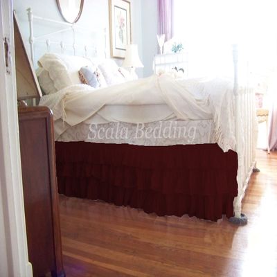 1 Piece Solid 15" Drop Split Corner Multi Ruffle Bed Skirt 600TC Egyptian Cotton (Wine, Twin XL)