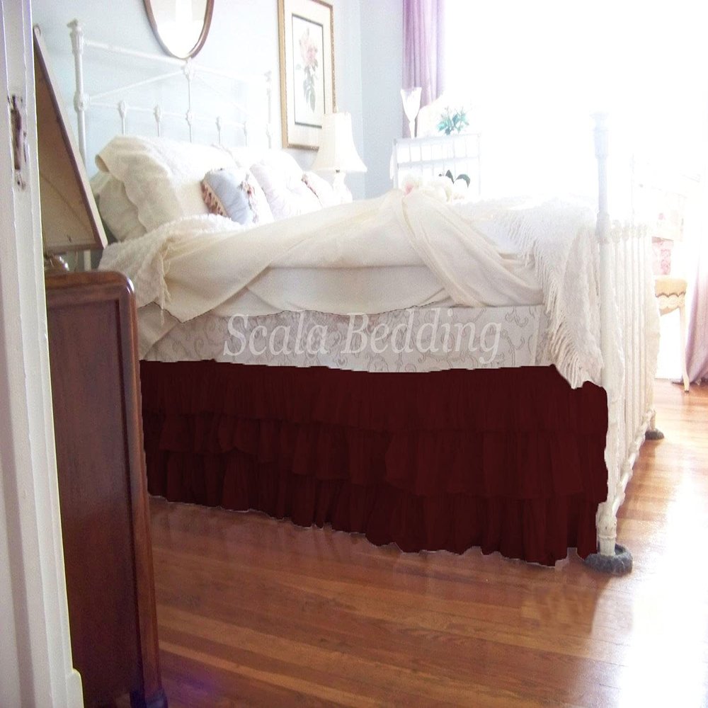 1 Piece Solid 15" Drop Split Corner Multi Ruffle Bed Skirt 600TC Egyptian Cotton (Wine, Twin XL)