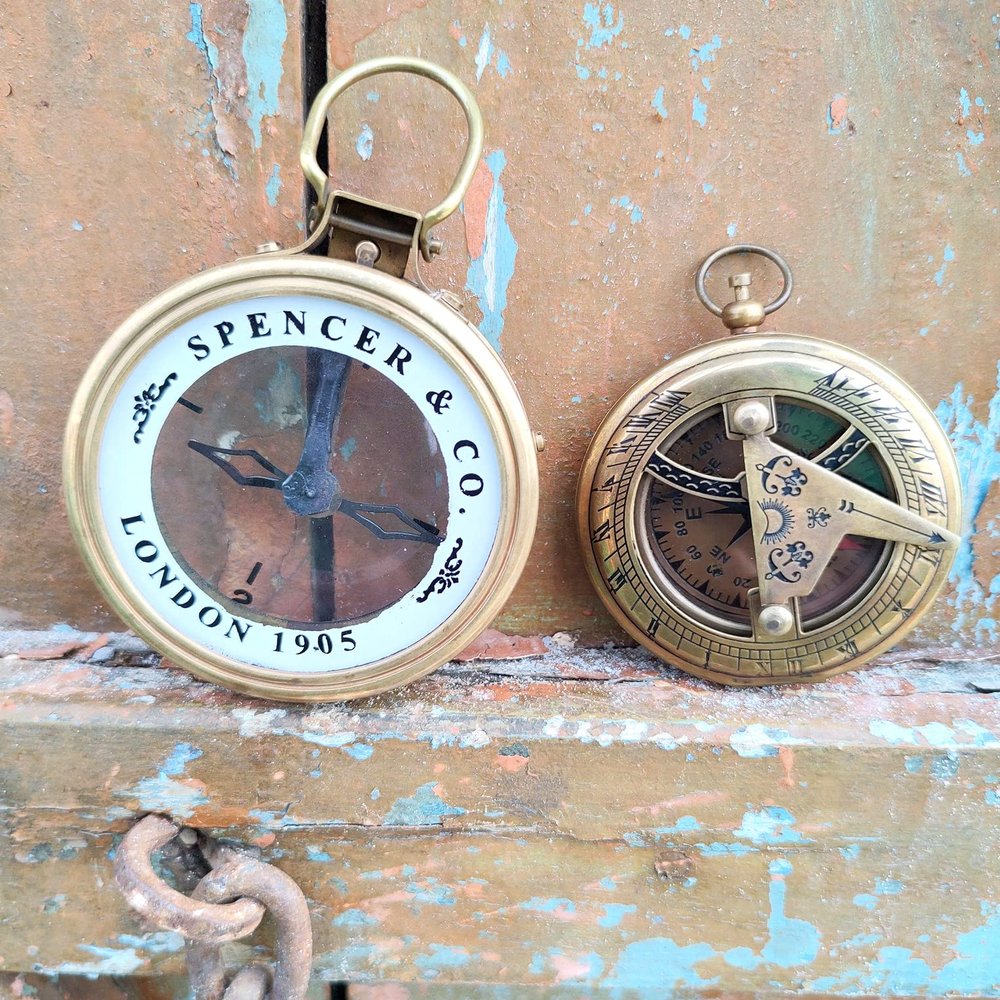 2 Piece Push Button Compass Antique Nautical Map Reader Compass 3" Brass Navigation Pocket Compass with Brown