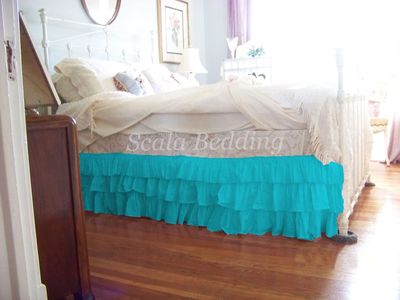 1 Piece Solid 15" Drop Split Corner Multi Ruffle Bed Skirt 600TC Egyptian Cotton (Turquoise, Queen)