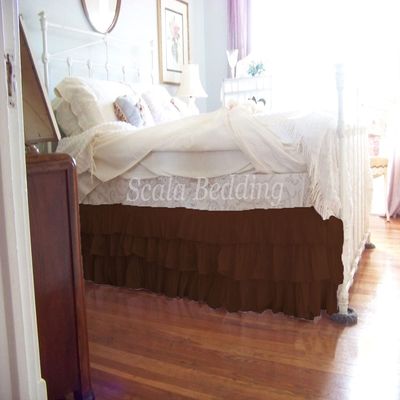 1 Piece Solid 15" Drop Split Corner Multi Ruffle Bed Skirt 600TC Egyptian Cotton (Coffee, Queen)
