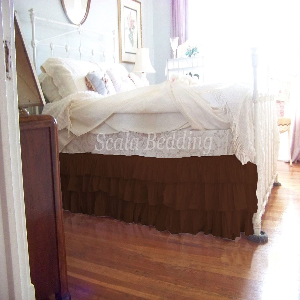 1 Piece Solid 15" Drop Split Corner Multi Ruffle Bed Skirt 600TC Egyptian Cotton (Coffee, Queen)
