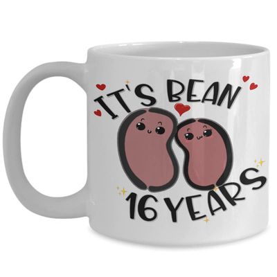 16th Anniversary Mug for Husband Wife Funny Vegan Vegetarian Food Pun Its Bean 16 Years Wax Sixteenth Yr Married Cute Keepsake for Couple 11 or 15Oz W