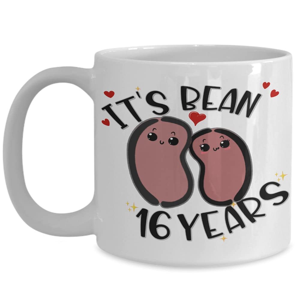 16th Anniversary Mug for Husband Wife Funny Vegan Vegetarian Food Pun Its Bean 16 Years Wax Sixteenth Yr Married Cute Keepsake for Couple 11 or 15Oz W