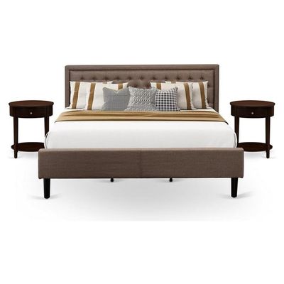 East West Furniture KD18K-2HI0M 3 Piece King Bedroom Set - 1 King Platform Bed Brown Linen Fabric Padded and Button Tufted Headboard with 2 Night Stand - Antique Mahogany Finish Nightstand