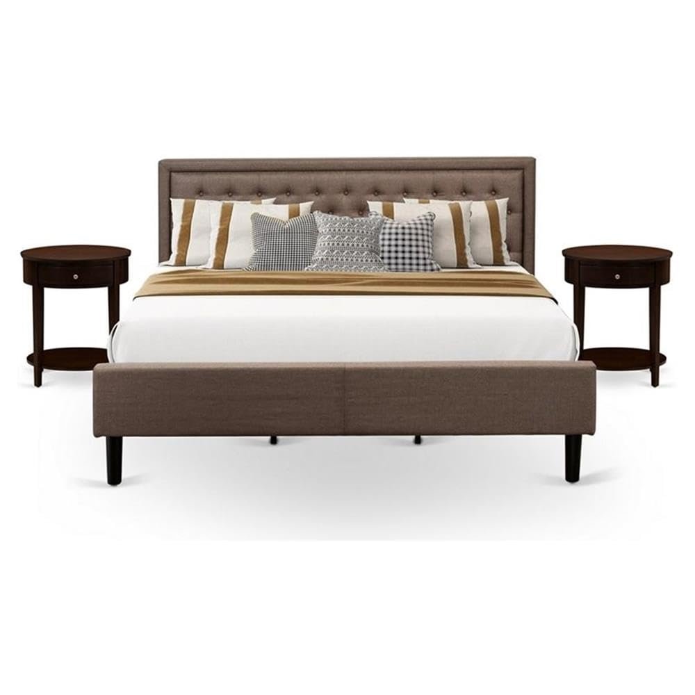 East West Furniture KD18K-2HI0M 3 Piece King Bedroom Set - 1 King Platform Bed Brown Linen Fabric Padded and Button Tufted Headboard with 2 Night Stand - Antique Mahogany Finish Nightstand